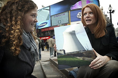 The RSC's Dr Helen Rowland (left) quizzes a member of the public about cooling towers